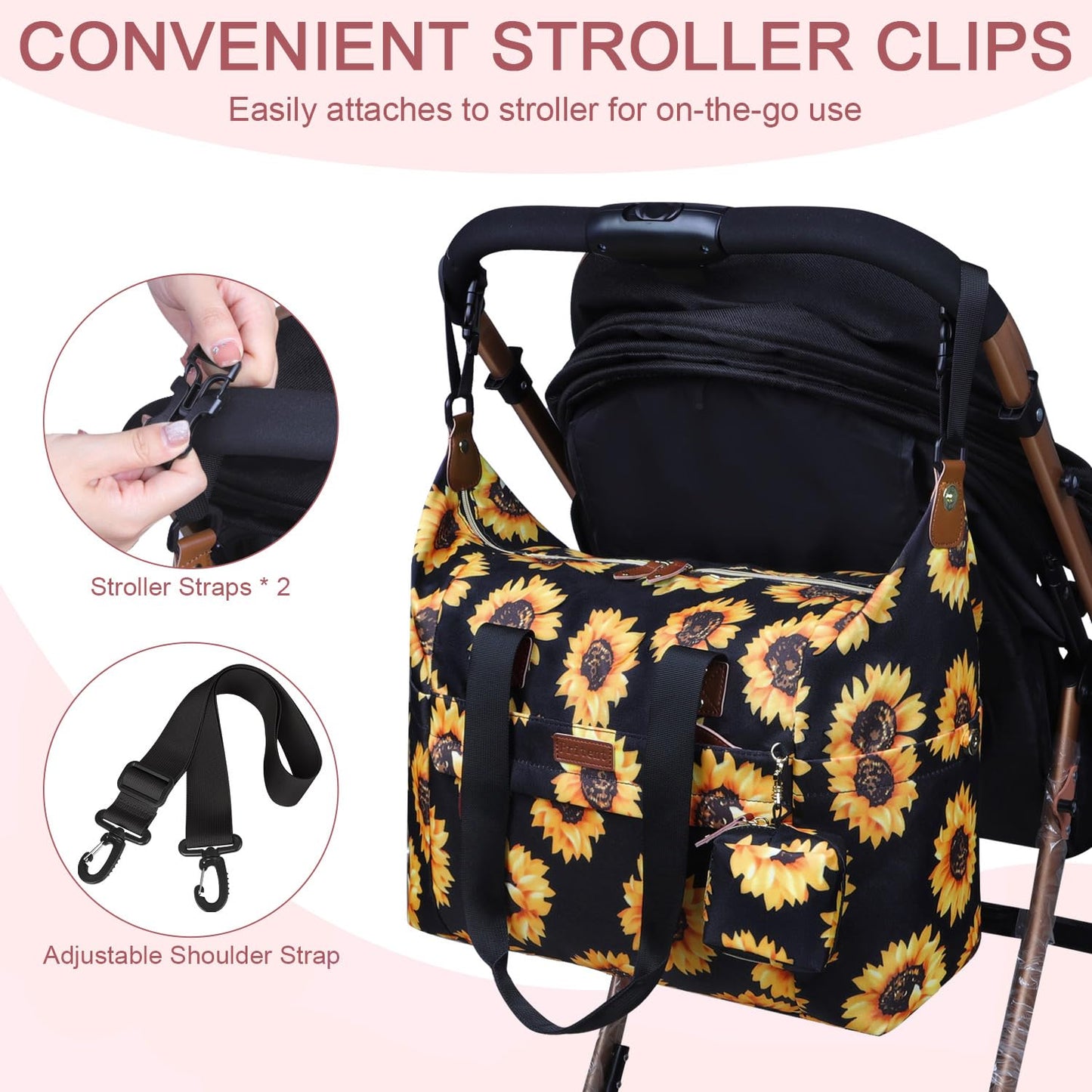 Diaper Bag Tote - Diaper Baby Bags with Pacifier Case, Shoulder Straps, Stroller Clips, Waterproof Large Mommy Maternity Travel Baby Bag for Mom and Dad, Sunflower, Medium