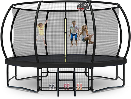 Tatub Large Trampolines Outdoor 10 12 14 15 16FT for Kids and Adults,Outdoor Recreational Pumpkin Trampolines with Curved Poles and Safety Enclosure Net, Basketball Hoop, Ladder