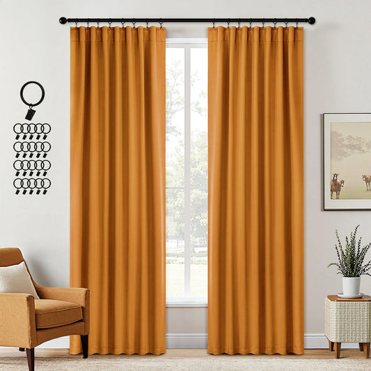 ANRODUO Back Tab Blackout Curtains for Bedroom Living Room, Rod Pocket Pinch Pleated Thermal Insulated Room Darkening Curtains 90 Inches Long 2 Panels, Mustard Yellow, 42 x 90 Inch