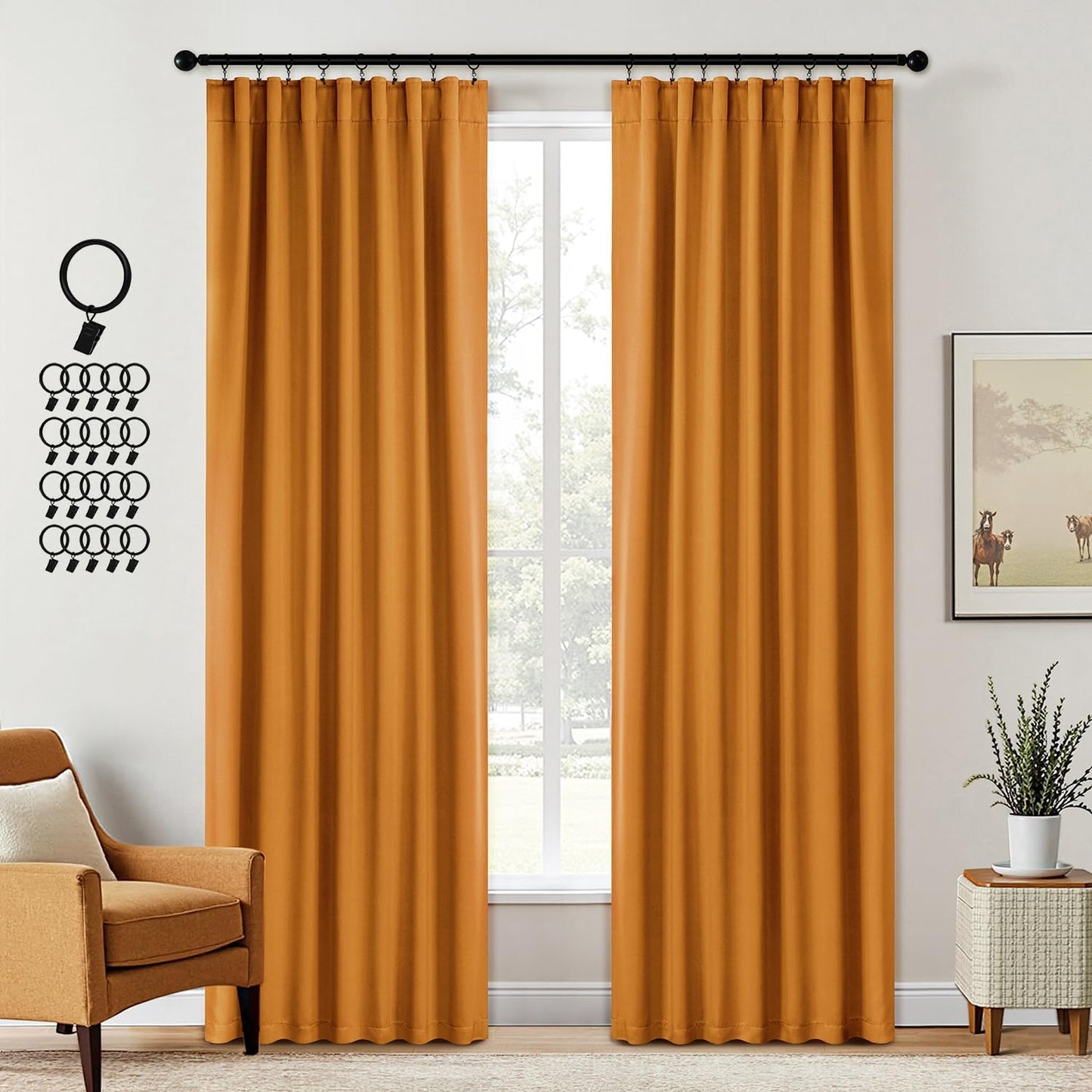 ANRODUO Back Tab Blackout Curtains for Bedroom Living Room, Rod Pocket Pinch Pleated Thermal Insulated Room Darkening Curtains 84 Inches Long 2 Panels, Mustard Yellow, 42 x 84 Inch
