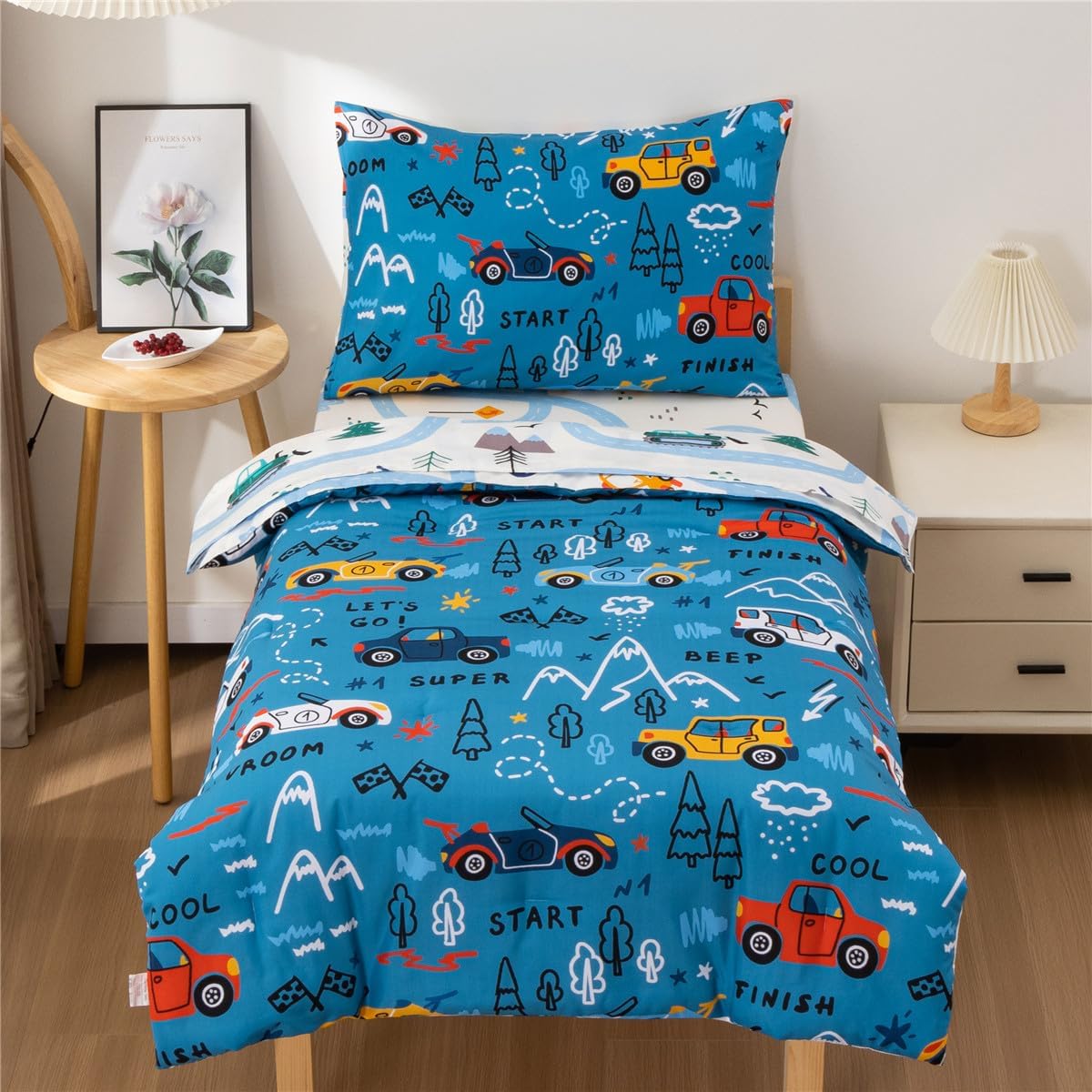 NTBED 4 Pieces Racing Car Toddler Bedding Set for Baby Boys, Hill Vehicles Transportation Printed, Includes Comforter, Flat Sheet, Fitted Sheet and Pillowcase,Blue