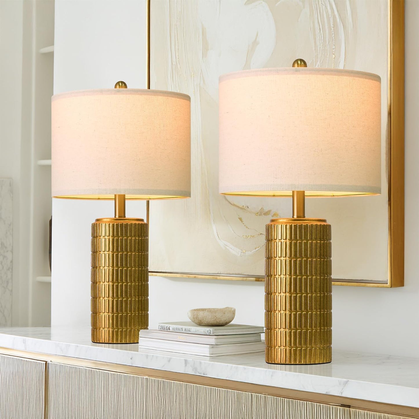 PoKat 23" Brass Gold Ceramic Table Lamps for Living Room, Retro Warm Gold Lamps for Night Stands, Vintage Bronze Decorative Lamps for Bedroom, Antique Gold Brown Nightstand Lamps for Home Decor