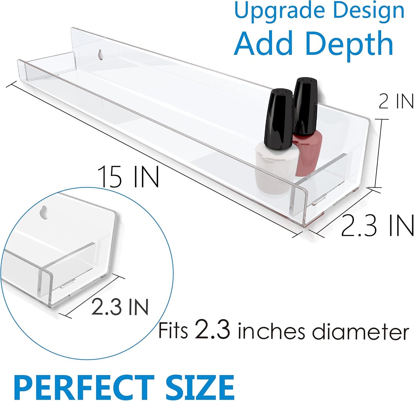 8 Pack 15 Inch Clear Acrylic Shelves, Clear Kids Floating Bookshelf for Kids Room, Modern Nail Polish Rack Sunglasses Essential Oil Picture Ledge Display Toy Storage Wall Shelf