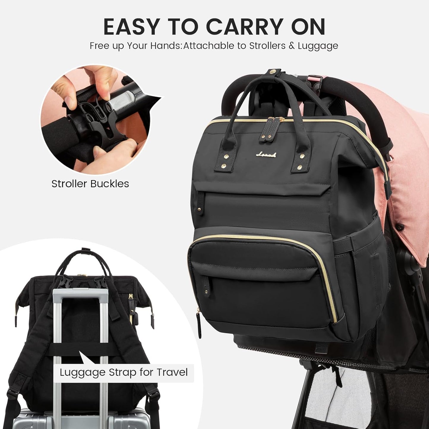 LOVEVOOK Diaper Bag Backpack, Baby Bag with Changing Station, Large Diaper Backpack for Moms Dads, Waterproof Leather Accents Baby Boy and Girl Bag for Travel Baby Essentials, Black