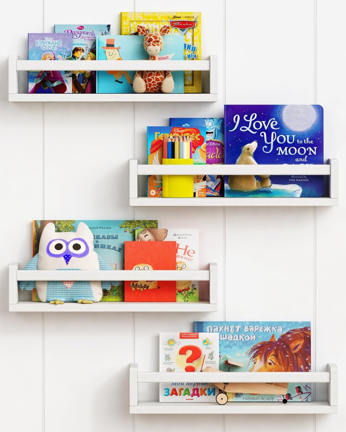 Forbena Floating Nursery Book Shelves for Wall Set of 4, White Wall Bookshelf for Kids Room, Small Wood Book Shelf Bookshelves for Baby Teen Boys Girls Bedoom Bathroom Toy and Decor Storage