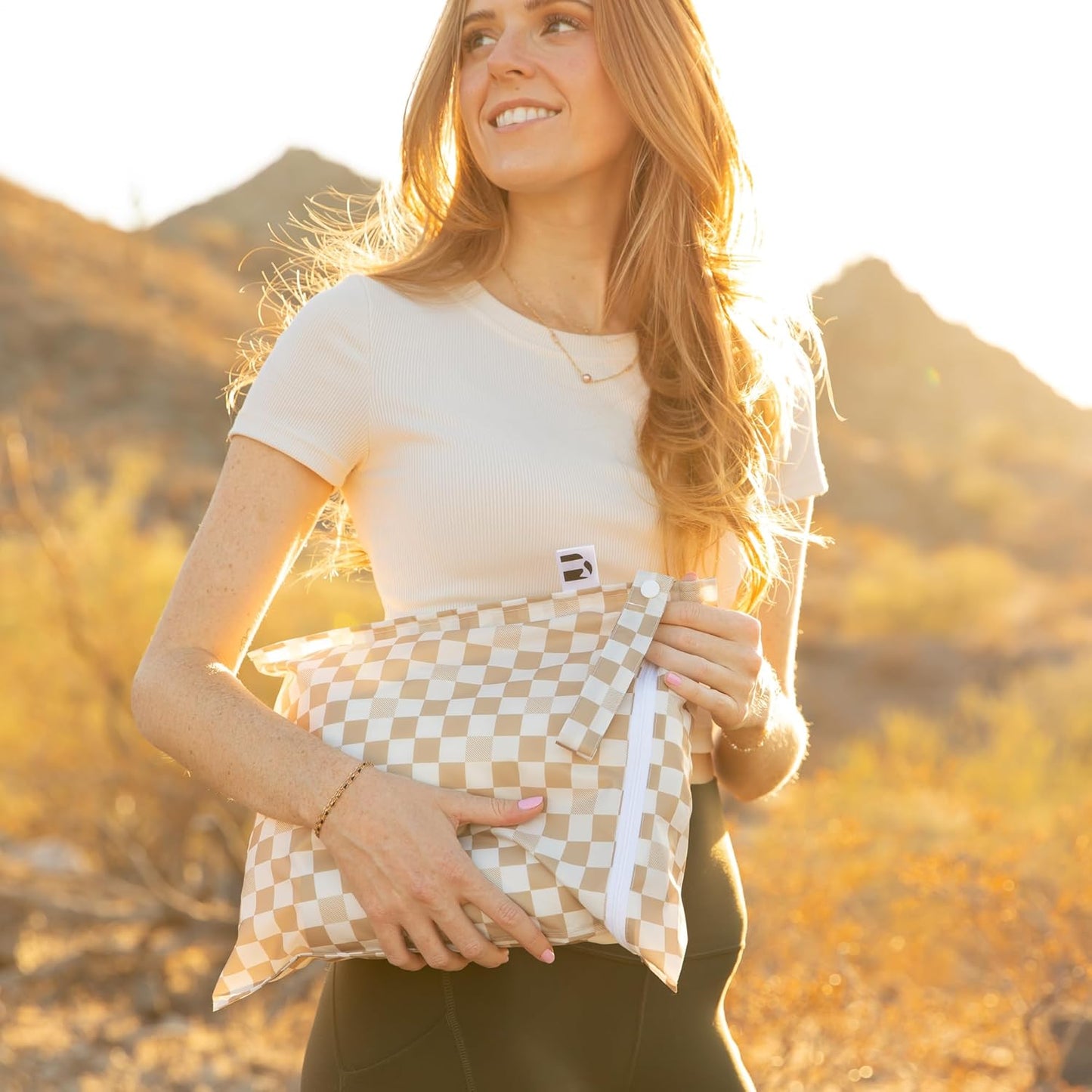 Bumkins Roamio - Waterproof Wet Bag - For Baby, Travel, Swim Suit, Cloth Diapers, Pump Parts, Pool, Gym, Toiletry, Strap to Stroller - Reusable & Easy to Clean - 2pk - Beige Check