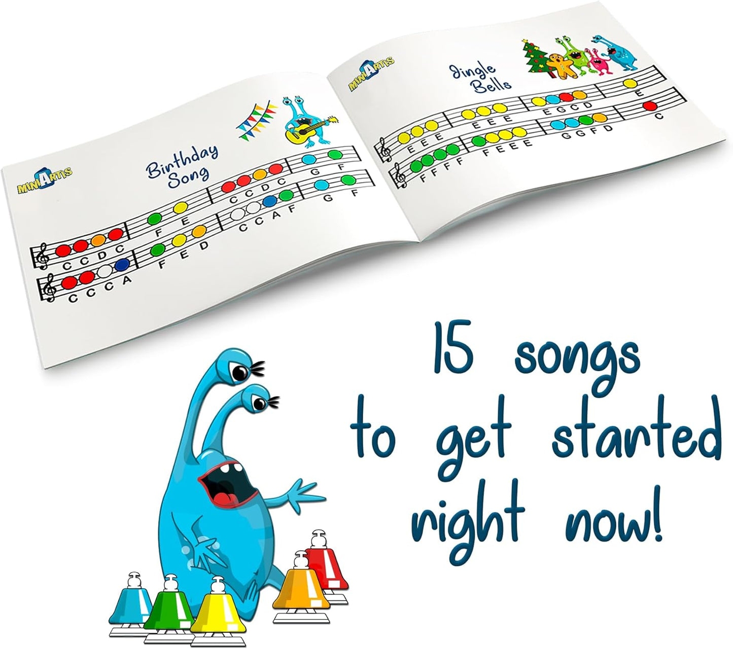 MINIARTIS Desk Bells for Kids | Educational Music Toys for Toddlers 8 Notes Colorful Hand Bells Set | Kids Musical Instrument with 15 Songbook | Great Birthday Gift for Children
