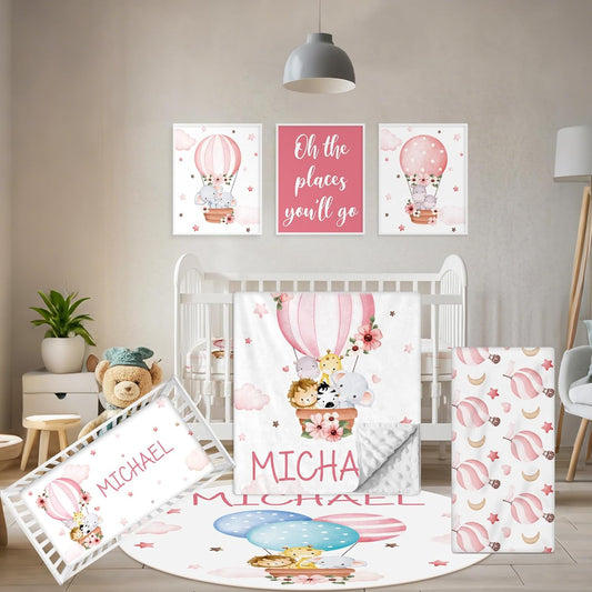 Personalized Baby Bedding Set, 5 Pcs Custom Infants Bedding Set with Infant Name, Double Layer Crib Set for Boys Girls, Customized Gifts for Nursery Toddlers Baby Shower, Hot Air Balloon Animal