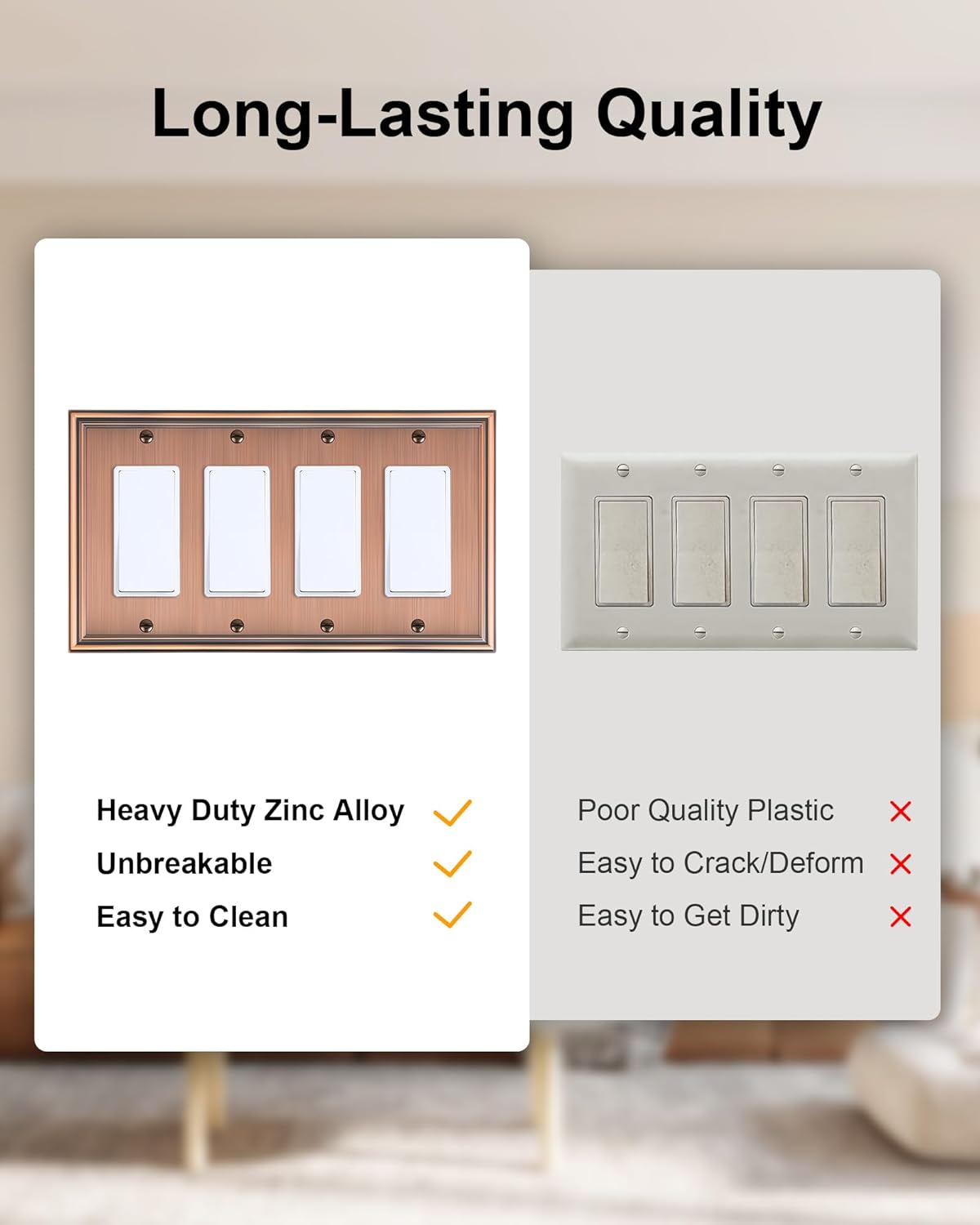 2-Pack Quad Decorator Outlet Cover Plate, Zinc Alloy Antique Copper Switch Plates and Outlet Covers, 4 Gang Wall Plates for Electrical Outlets, Receptacle, GFCI Outlet, Dimmer Switch