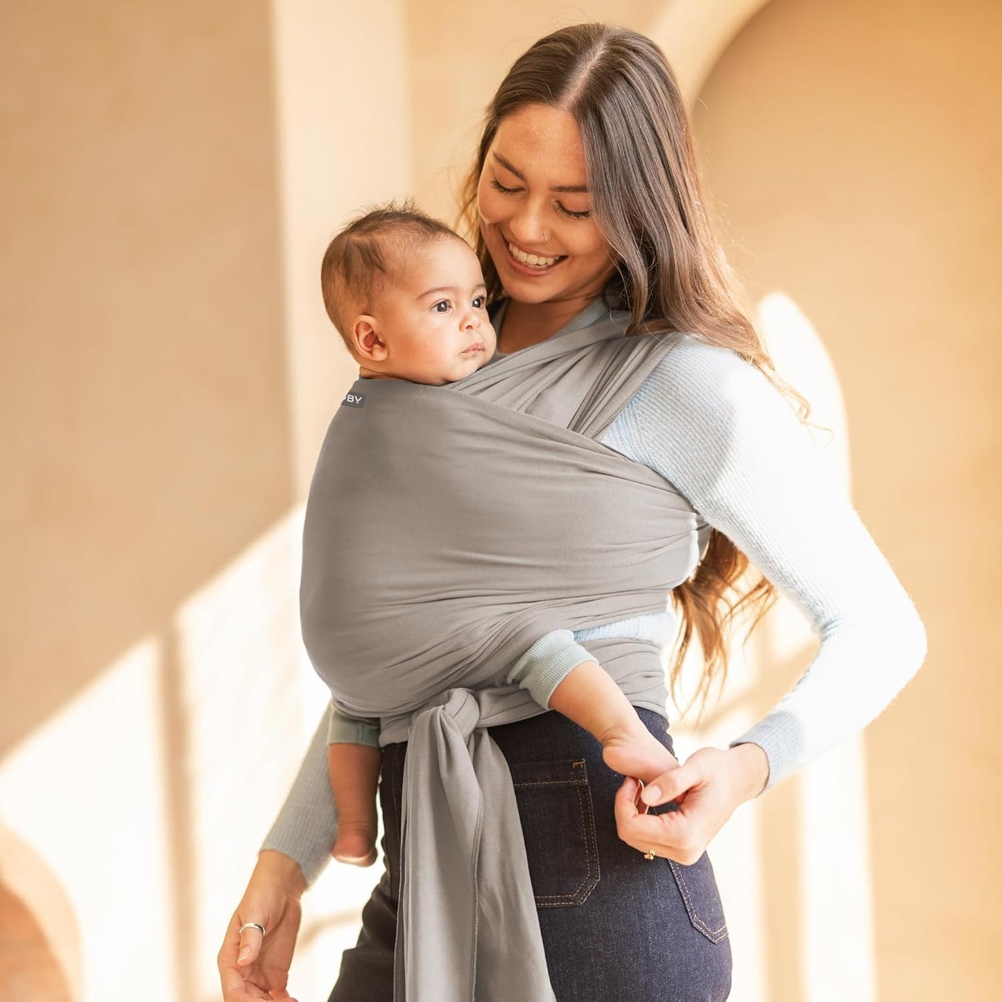 Moby Basics Baby Wrap Carrier for Newborns to Toddlers (8-33lbs), Infant Sling Carrier, Lightweight & Hands Free Design, Adjustable for All Body Types (Morning Dove)