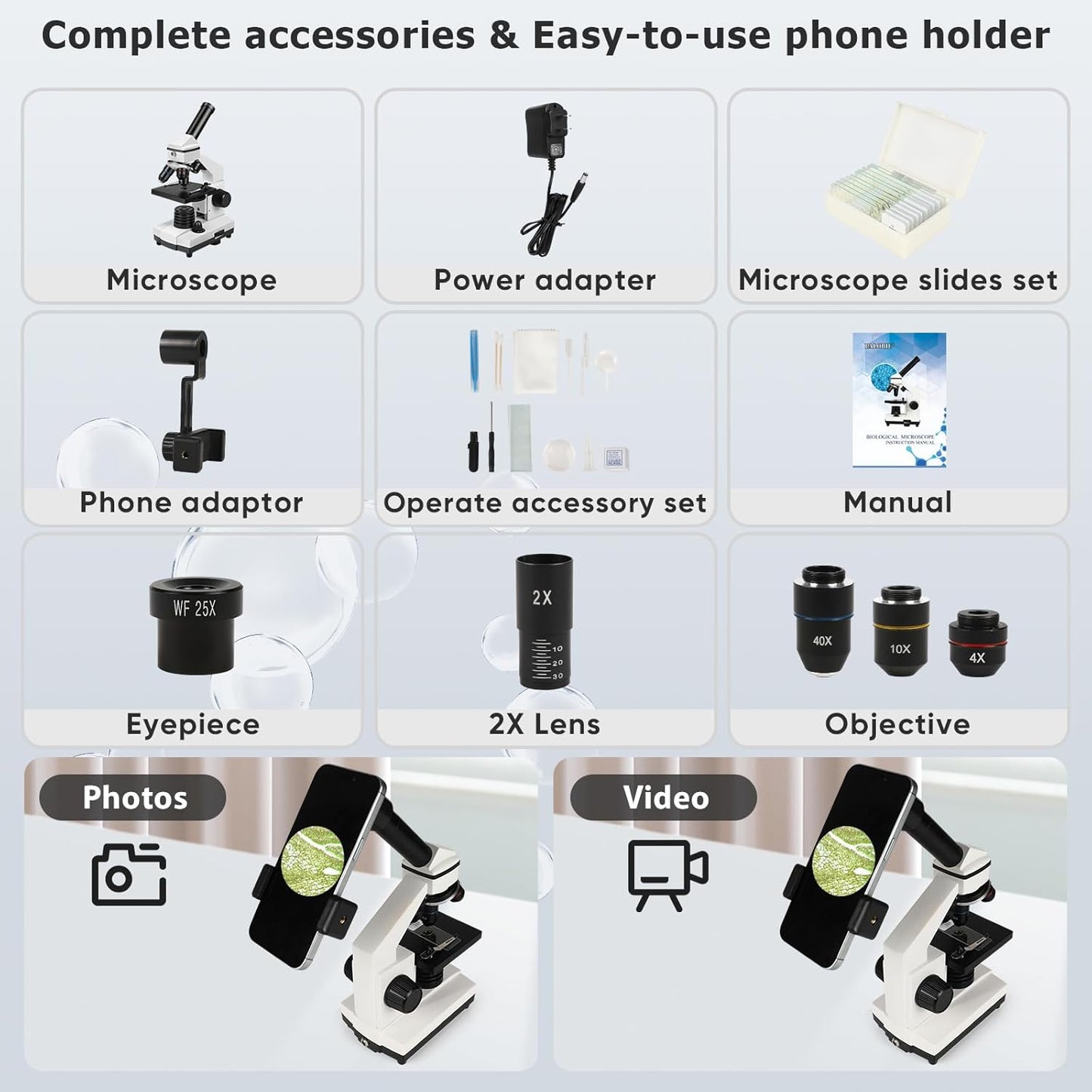 Microscope for Adults Professional:Compound Microscope for Kids 8-12,100X-2000X Kids Microscope Kit with Prepared Microscope Slides and Covers,Plant Stereo Microscopes for Kids Homeschool Lab