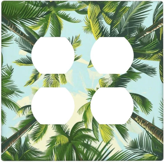 Summer Sky Coconut Palms Trees Green Plants Leaf Outlet Covers 2 Gang Double Duplex Decorative Light Switch Covers Electrical Wallplates Socket Faceplate for Bed Room Living Room Decor