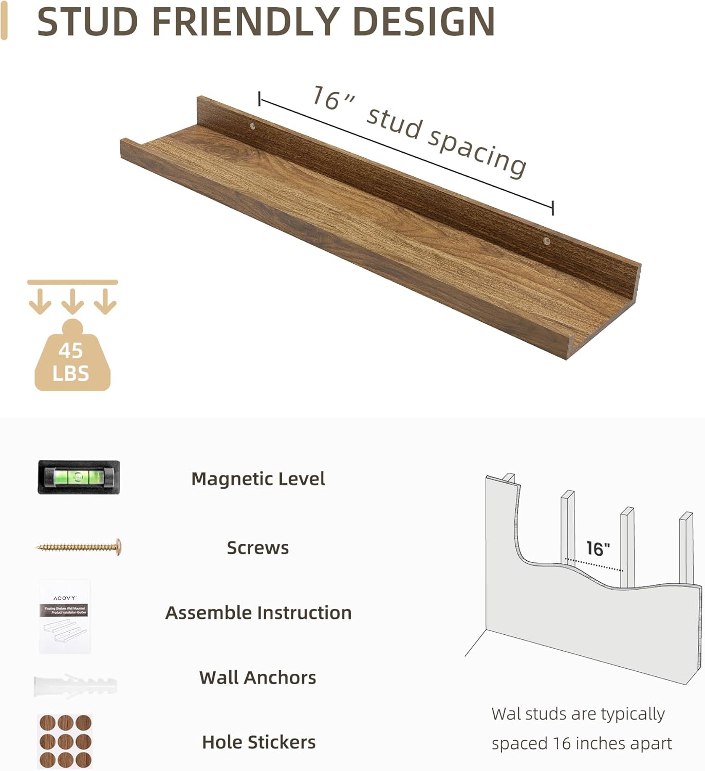 Picture Ledge Shelf, Wood Floating Shelves Set of 4, 24 inch Picture Ledge Shelves, Photo Ledge Nursery Book Shelves Wall Mounted for Living Room Kids' Room Bedroom, Color Walnut