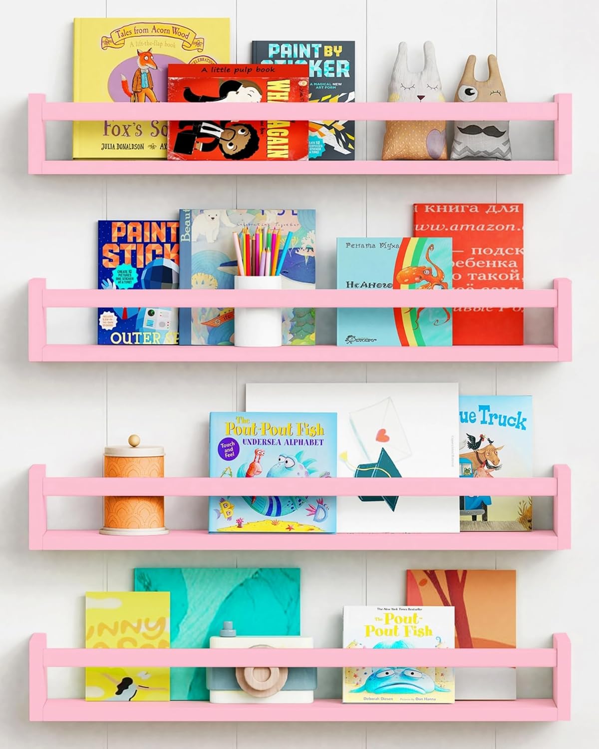 Forbena Large Pink Kids Book Shelves for Girls Room Wall Set of 4, Floating Nursery Book Shelf for Baby Girl Deocr, 24 Inches Long Wall Mounted Bookshelf for Toddler Kid Child Teens Bedroom (Pink)