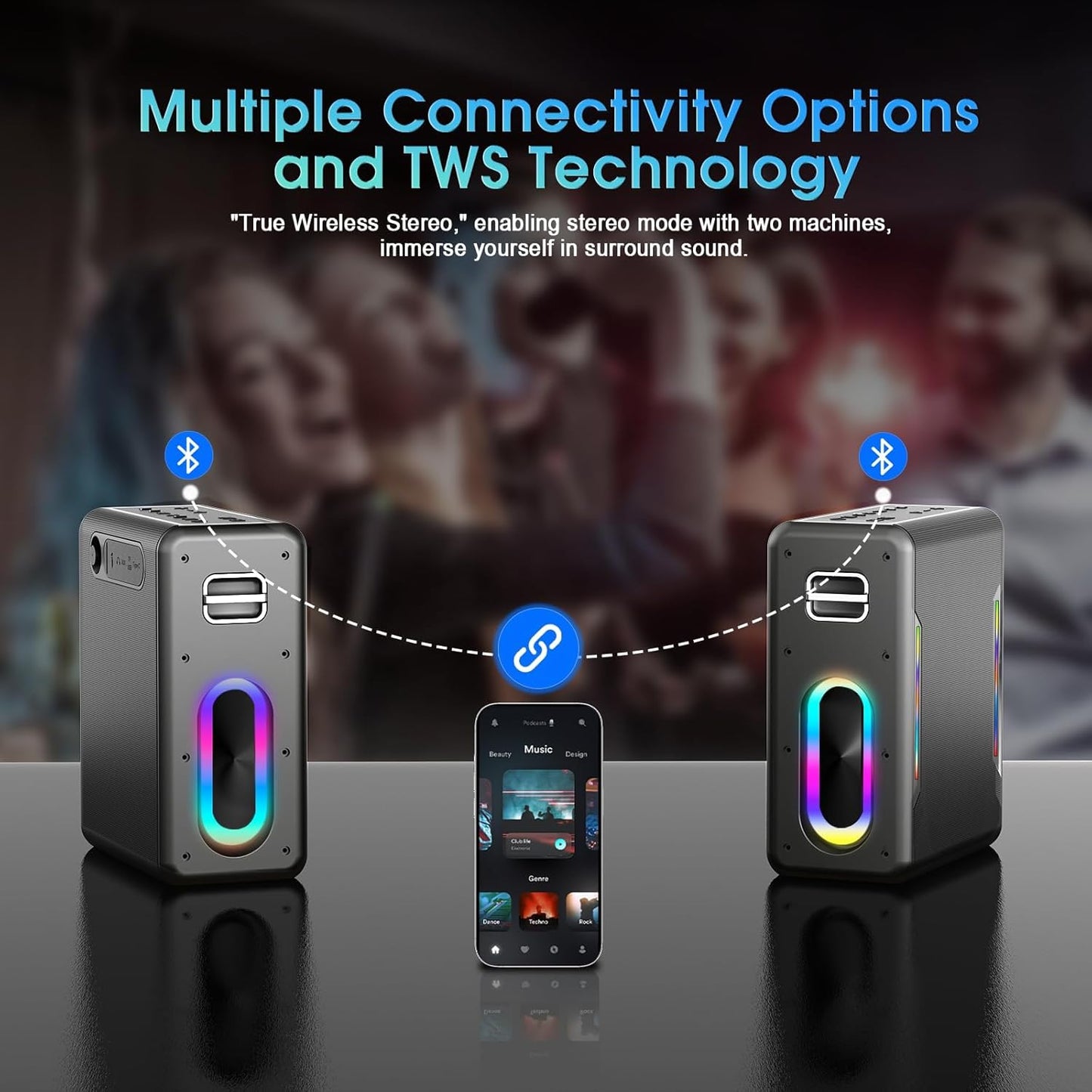 Karaoke Machine with Two Wireless Microphones, Powerful Portable Bluetooth Speaker for Adults & Kids, PA System with 2 Voice Mode, LED Lights, Supports BT/TWS/AUX/USB/TF for Party (Black+Sliver)