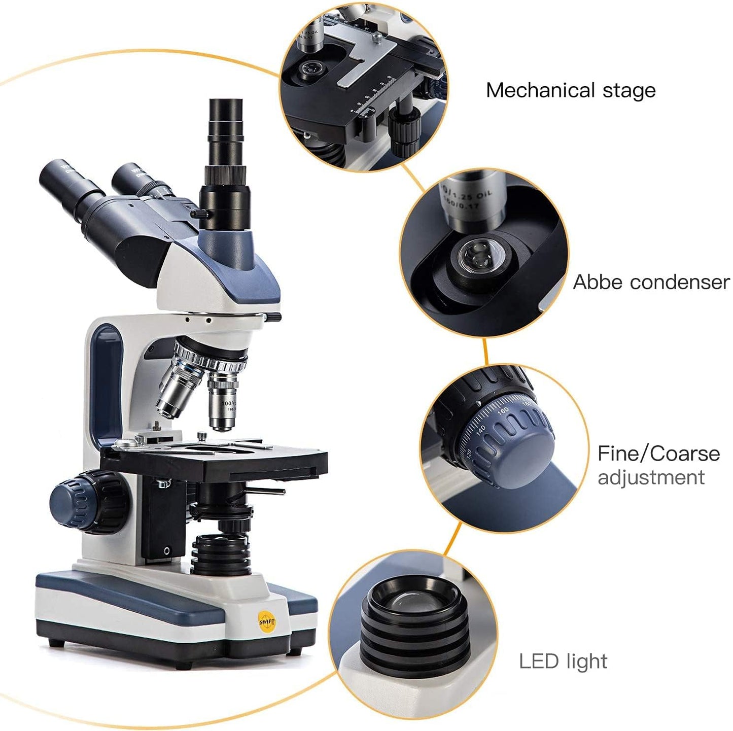 Swift SW350T Compound Trinocular Microscope,40X-2500X Magnification,Two-Layer Mechanical Stage,with 5.0 mp Camera and Software Windows/Mac Compatible and 5 PCS Prepared Slides and 5 PCS Blank Slides