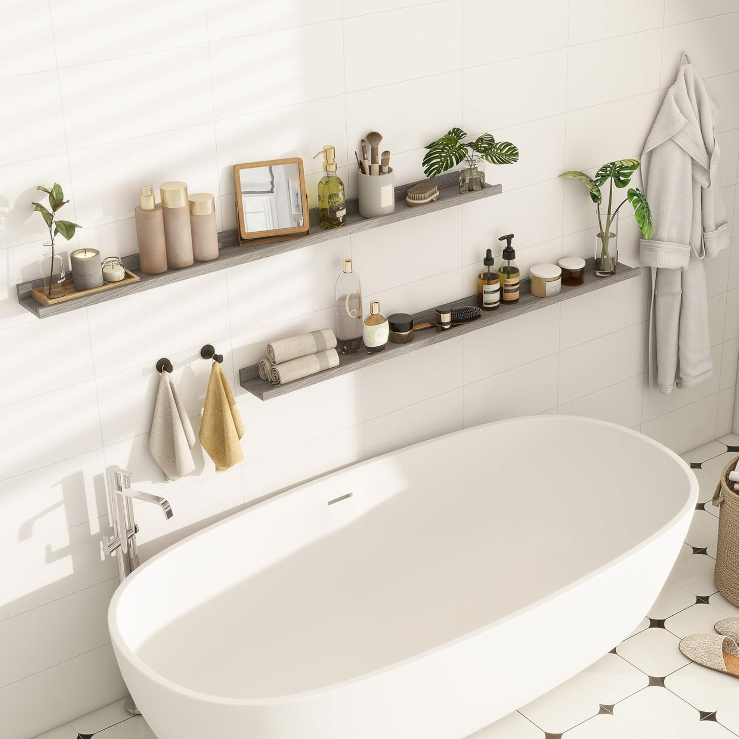 Picture Ledge Shelf, 56 Inch Elm Wood Floating Shelves for Wall, Nursery Bookshelf for Storage with Lip, Photo & Picture Ledge Shelves for Bedroom, Living Room, Kitchen (Grey, 56in Set of 2)