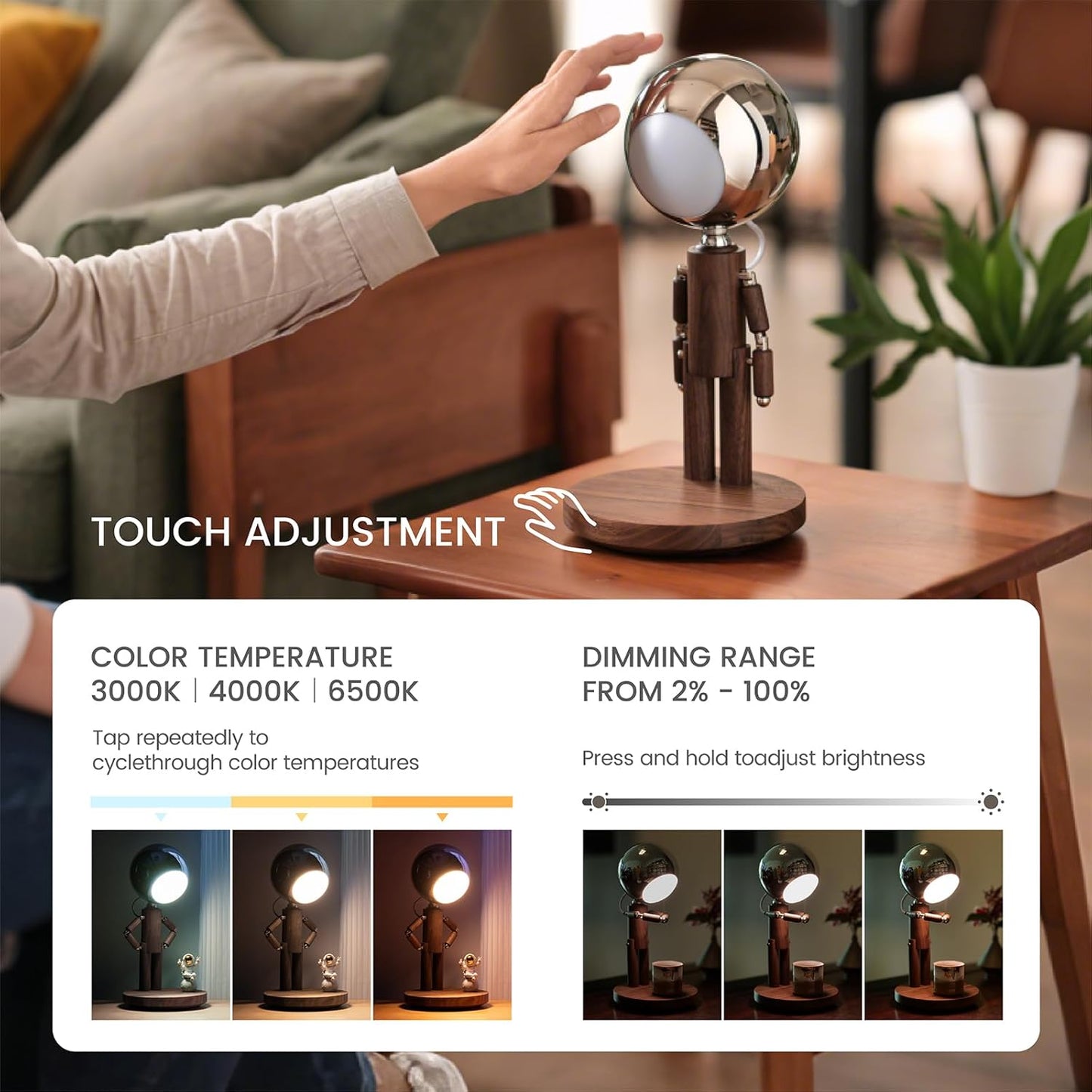 Moon Lamp for Bedroom, 5200mAh Rechargeable Wooden Desk Lamp with Touch Control & Adjustable Brightness, Creative Cordless Lamp, Decorative Bedside Lighting for Living Room & Gift