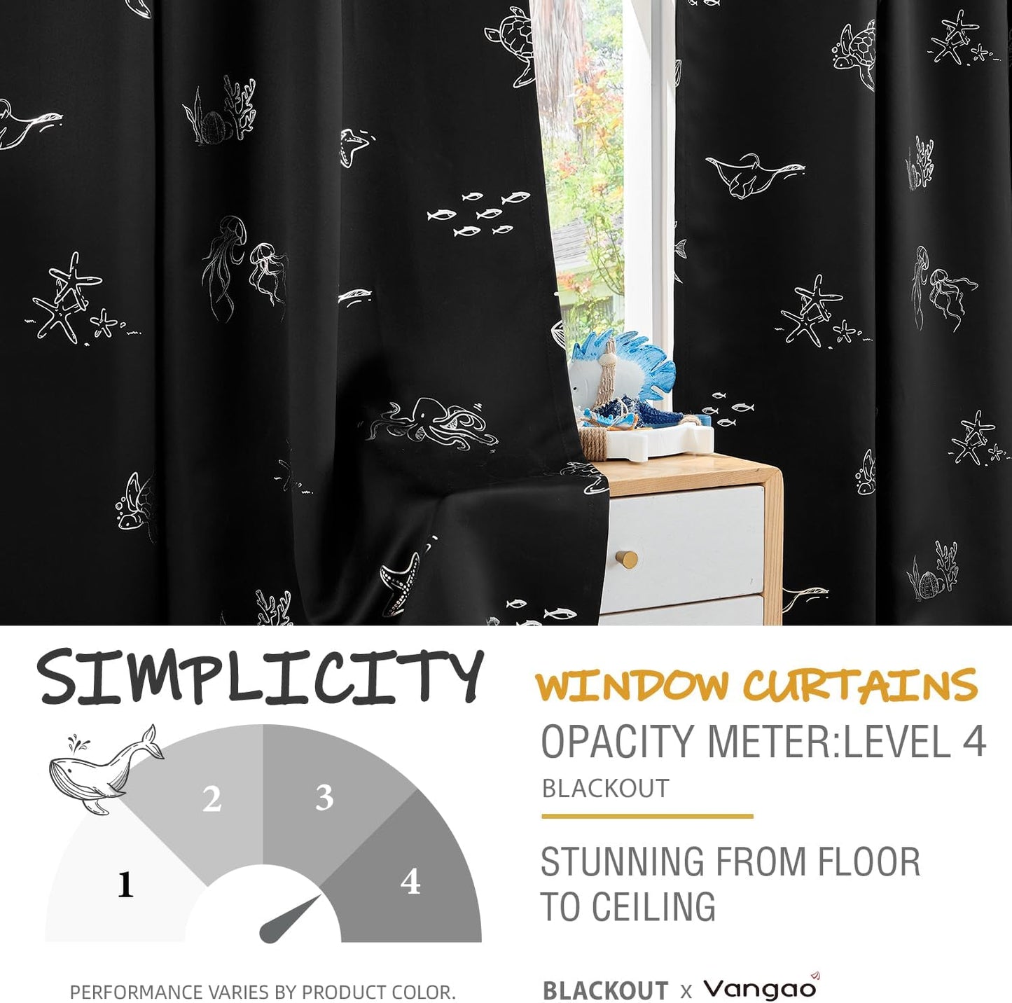 Vangao Kids Curtains for Boys Bedroom Kids Blackout Curtains 84 Inch Length Ocean Aquarium Nursery Drapes for Girls Bedroom Silver Sea Animals Print Thermal Insulated Drapes, Black 2 Panels