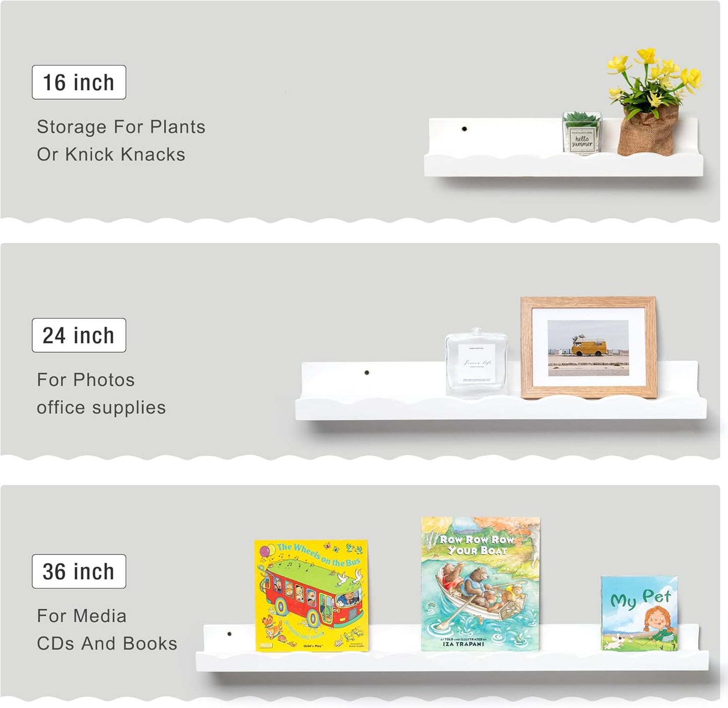 Fun Memories Picture Ledge Shelf for Wall, 16 inch Pine Wood Nursery Book Shelves Set of 4- Wall Book Shelves for Kids Room, Home Decor - Kitchen Spice-White