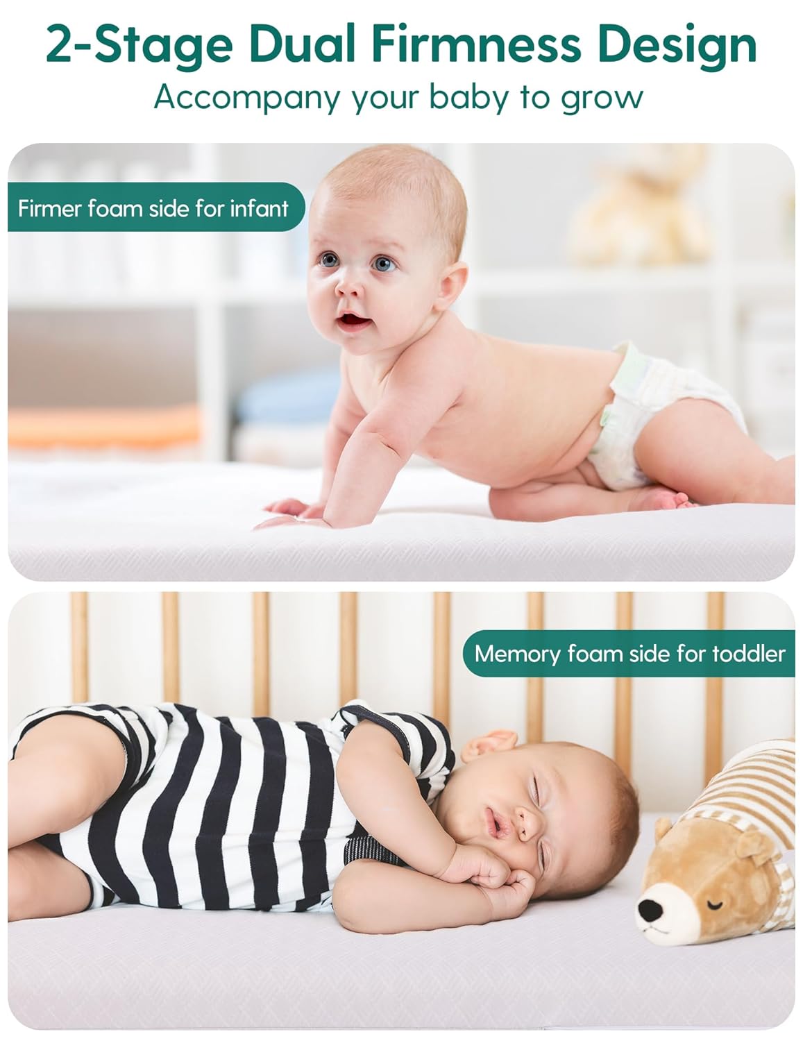 BABELIO Crib Mattress Memory Foam Toddler Mattress 2-Stage Standard Size Baby Mattress with Removable Waterproof Cover Grey