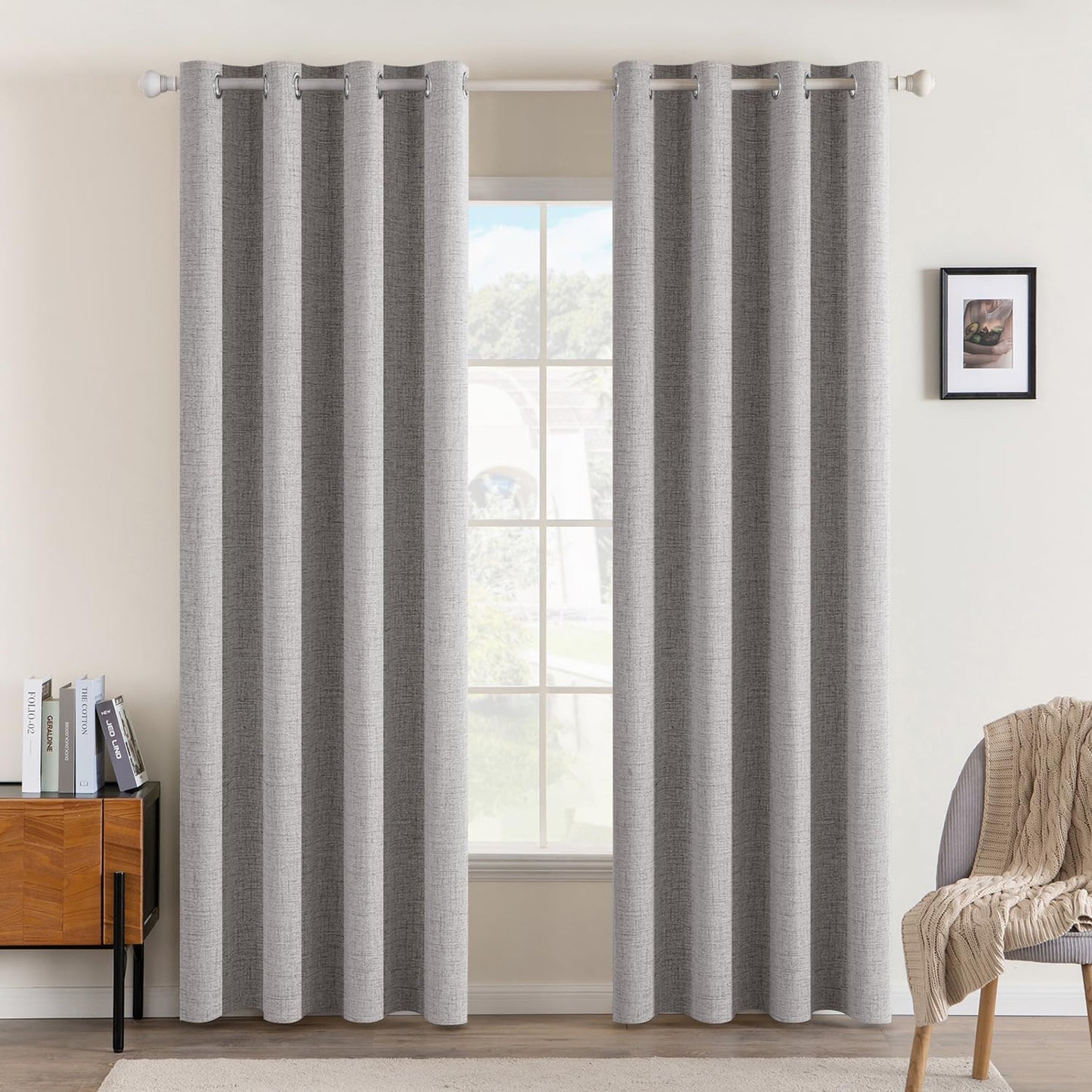 MIULEE Linen Texture Curtains for Bedroom Solid 100% Blackout Thermal Insulated Greyish White Curtains Grommet Room Darkening Drapes for Living Room Nursery 52x72 Inch (2 Panels)