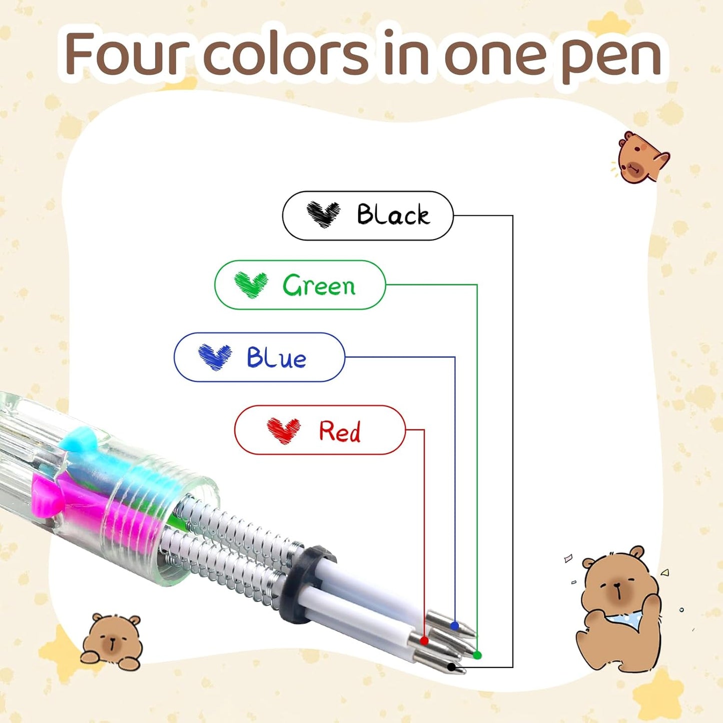 30Pcs Mini Multicolor Pens in One 4-in-1 Cute Pens Bulk for Kids, Ballpoint Pen for Birthdays and Children's Parties, Fun Gifts Assorted Ink Kawaii Pen(Capybara)