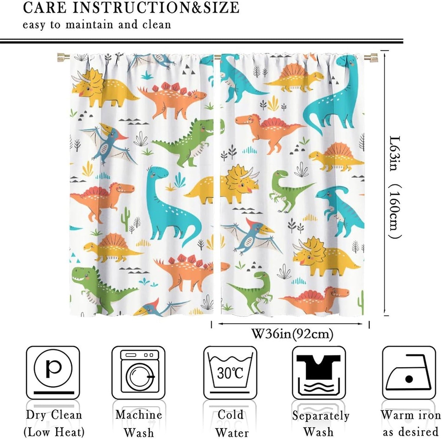 Kids Dinosaur Curtains for Boy Girl Bedroom Decor Cartoon Dino Colorful Cute Funny Animal Wildlife Printed Blackout Rod Pocket Window Drapes for Baby Nursery Playroom Living Room W36xL63in 2 Panels