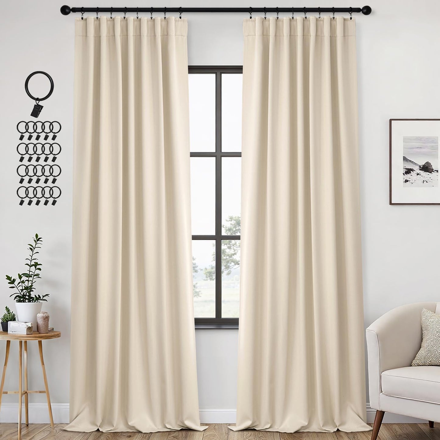 ANRODUO Back Tab Blackout Curtains for Bedroom Living Room, Rod Pocket Pinch Pleated Thermal Insulated Room Darkening Curtains 96 Inches Long 2 Panels, Cream Beige, 42 x 96 Inch