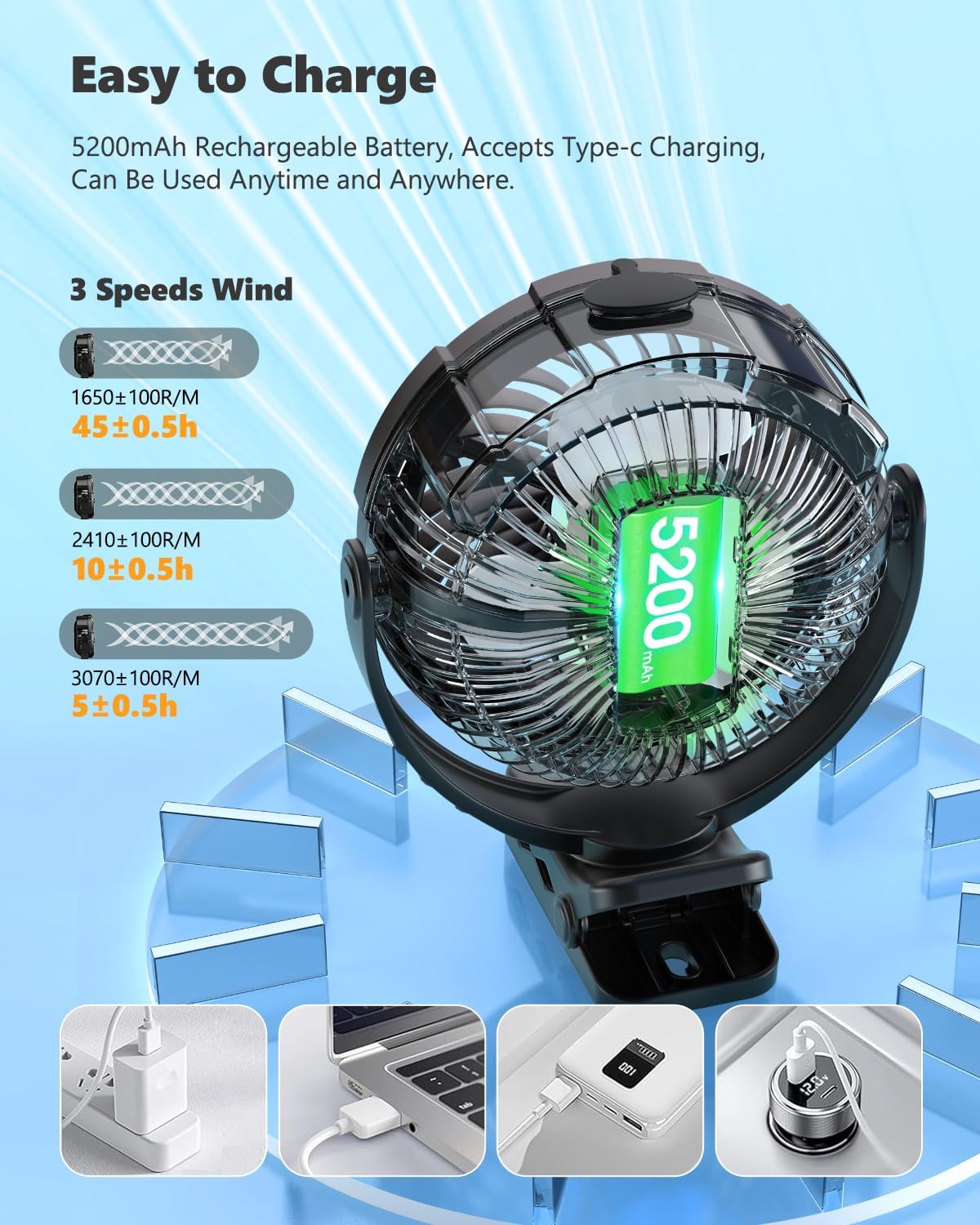 Ausic 3-in-1 Portable Clip on Fan with Misting & LED Lights & Hook, 100ML Baby Stroller Fan, 5200mAh Rechargeable Battery Operated & 360° Rotation & 3 Speeds for Table Outdoor Travel Camp Golf Cart