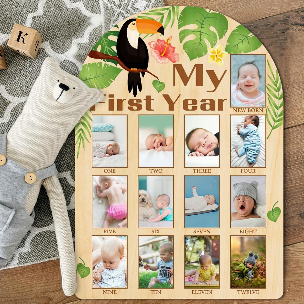 ORIGACH My First Year Baby Growth Photo Display Wood Board - 12 Months Newborn Milestones Photo Board - Neutral Baby Keepsake Board 1st Birthday Party Nursery Decor New Mom Gift - Toucan & Leaves