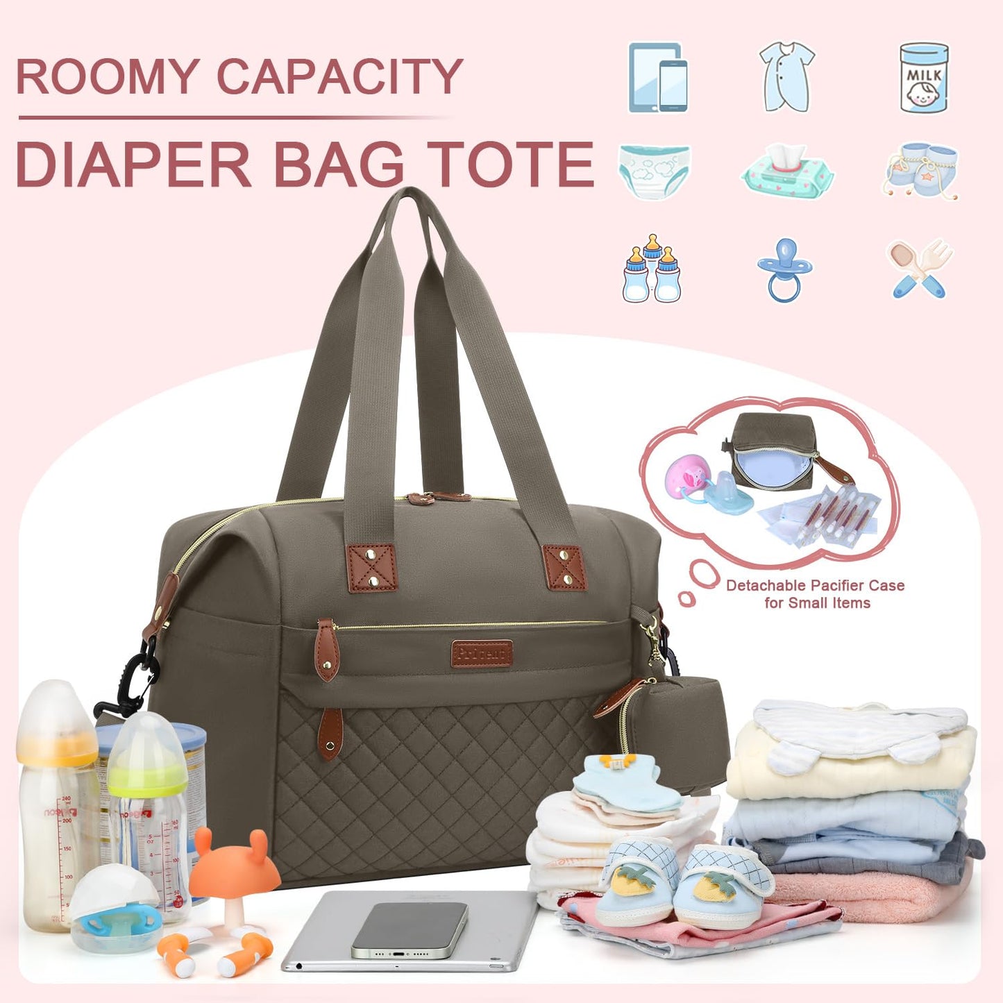 Diaper Bag Tote, Diaper Baby Bags with Pacifier Case, Shoulder Straps, Stroller Clips, Waterproof Large Mommy Maternity Travel Baby Bag for Mom and Dad, khaki, Medium
