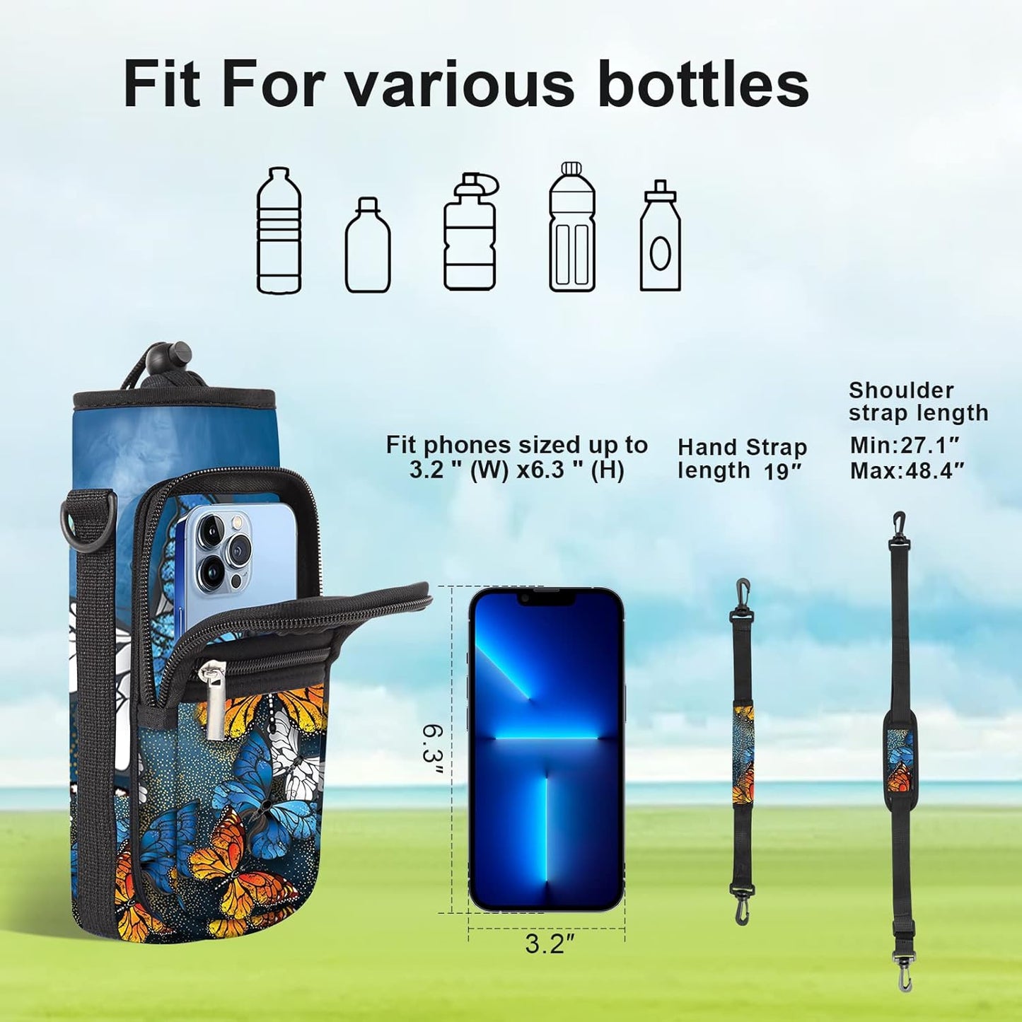 25/32/40/64oz Water Bottle Bag Holder Carrier-Insulated Crossbody Sling Case Sleeve with Strap & Pockets for Men Women Gym Cycling Travel Walking Hiking Camping