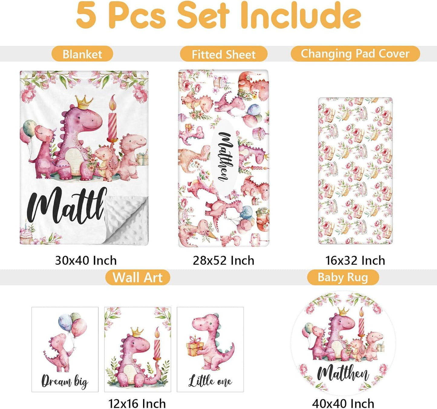 Custom Baby Crib Bedding Set - 5 Pcs Personalized Name Pink Dinosaurs Crib Set for Infants Toddlers Girls - Soft Double Layer Nursery Bedding Set - Customized Present for Birthday Baby Shower