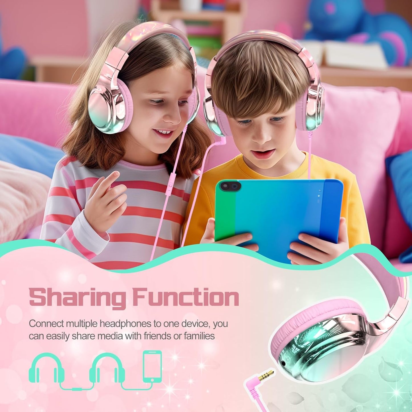 QearFun Kids Headphones Wired with Mic, 85/94dB Safe Volume Limit, Foldable Over Ear, Tangle-Free Cord & Sharing Port, Wired On-Ear Headset for School, Chromebook, Tablet, Travel - Boys & Girls