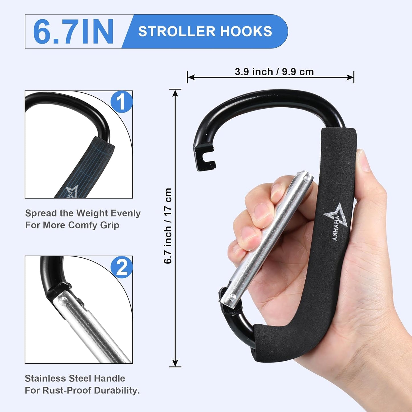 Stroller Hook, 6.3" Large Carabiner Clip for Diaper Bags, Groceries, and Purse, Mommy Hook for Mom, Universal Fit for Most Stroller Accessory Handles