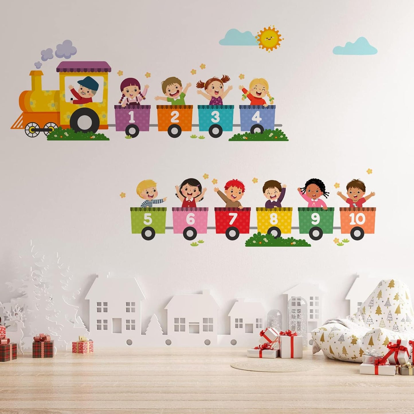 Train Number Kids Wall Stickers, Learning Colors Figures Preschool Wall Decals Peel and Stick Art Wall Decors, Suitable for Nursery, Baby Room, Kids Playroom, Classroom…