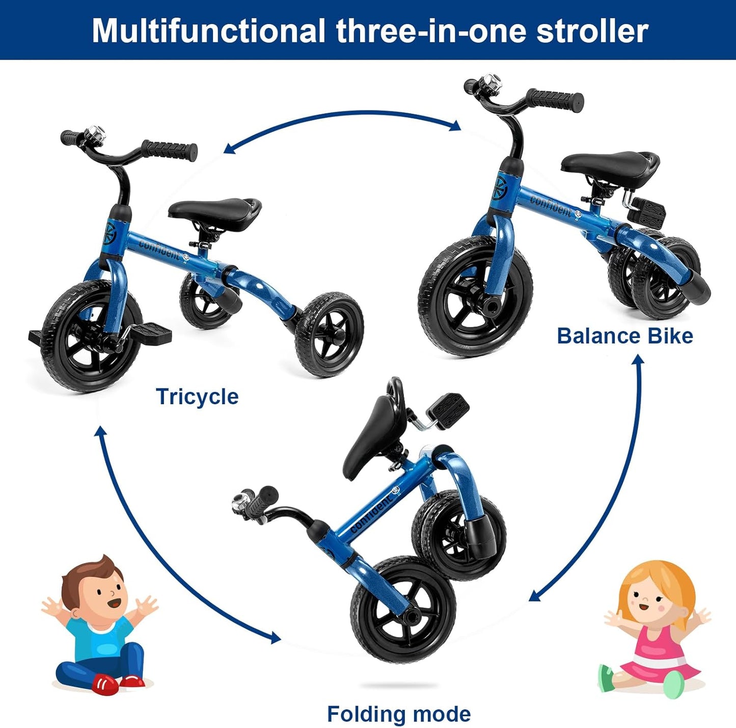 Ancaixin 3 in 1 Toddler Tricycles for 2-5 Years Old Boys and Girls with Detachable Pedal and Bell, Foldable Baby Balance Bike Riding Toys for 2+ Kids, Child Birthday Christmas New Year Gift Blue