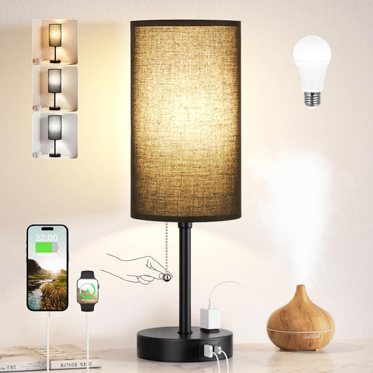 Dicoool 17Inch Tall Bedroom Lamps with USB C and A Ports 3 Color Temperatures - Pull Chain Black Nightstand Bedside Table Lamp with AC Outlet, Side Lamp for Living Room End Table