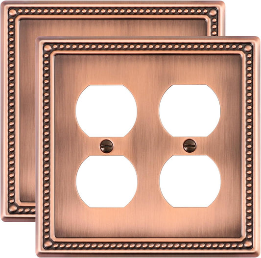 2-Pack Double Duplex Outlet Cover, Metal Switch Plates and Outlet Covers, Antique Copper Pearls Decorative Wall Plates for Electrical Outlets, 2 Gang Receptacle Cover, Corrosion Resistant