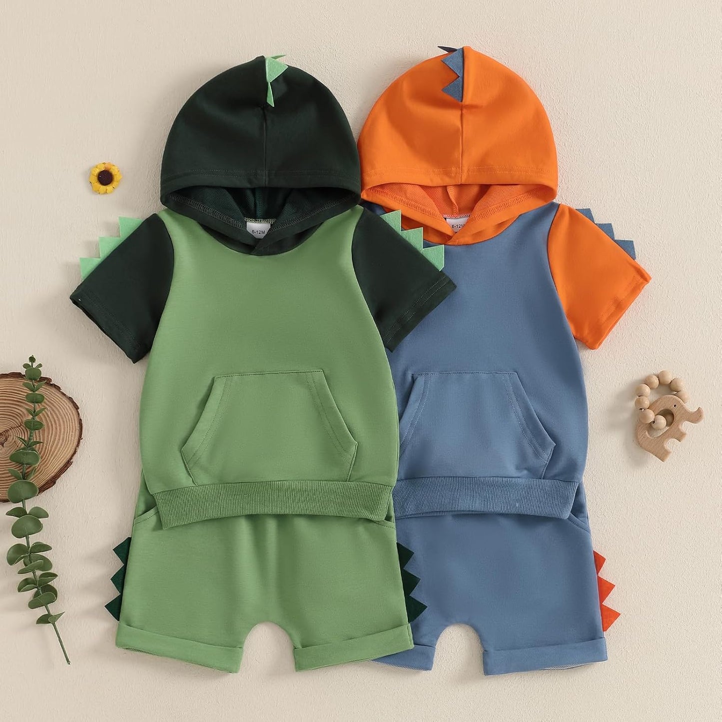 Toddler Baby Boy Summer Hooded Outfit Contrast Color Short Sleeve T Shirt Top Elastic Shorts Summer Clothes Set