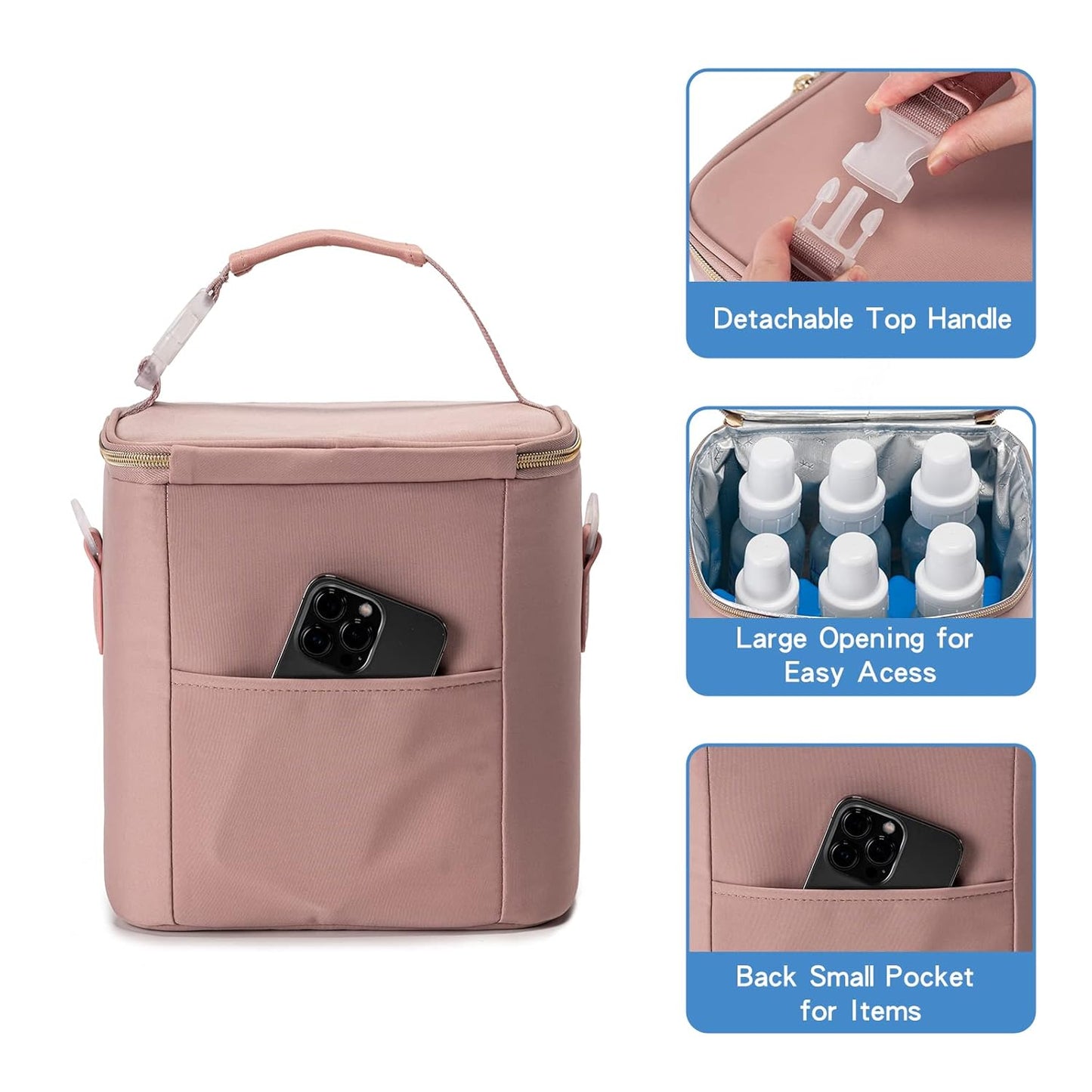 Breast Milk Cooler Bag with Ice Pack Fits 6 Baby Bottles Up to 9 Ounce, Baby Bottle Bag with Shoulder Strap for Nursing Mom Daycare, Pink
