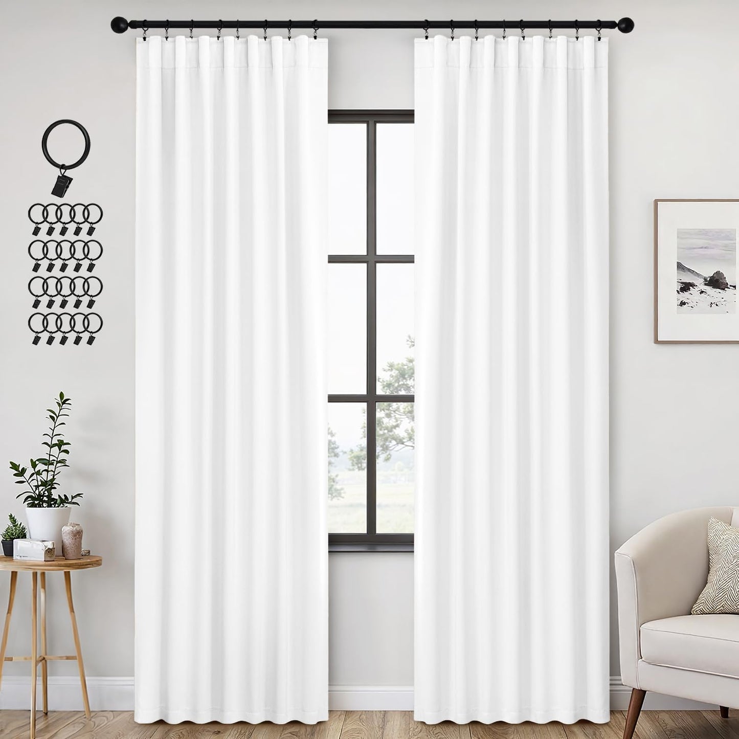 ANRODUO Back Tab Blackout Curtains for Bedroom Living Room, Rod Pocket Pinch Pleated Thermal Insulated Room Darkening Curtains 84 Inches Long 2 Panels, White, 42 x 84 Inch