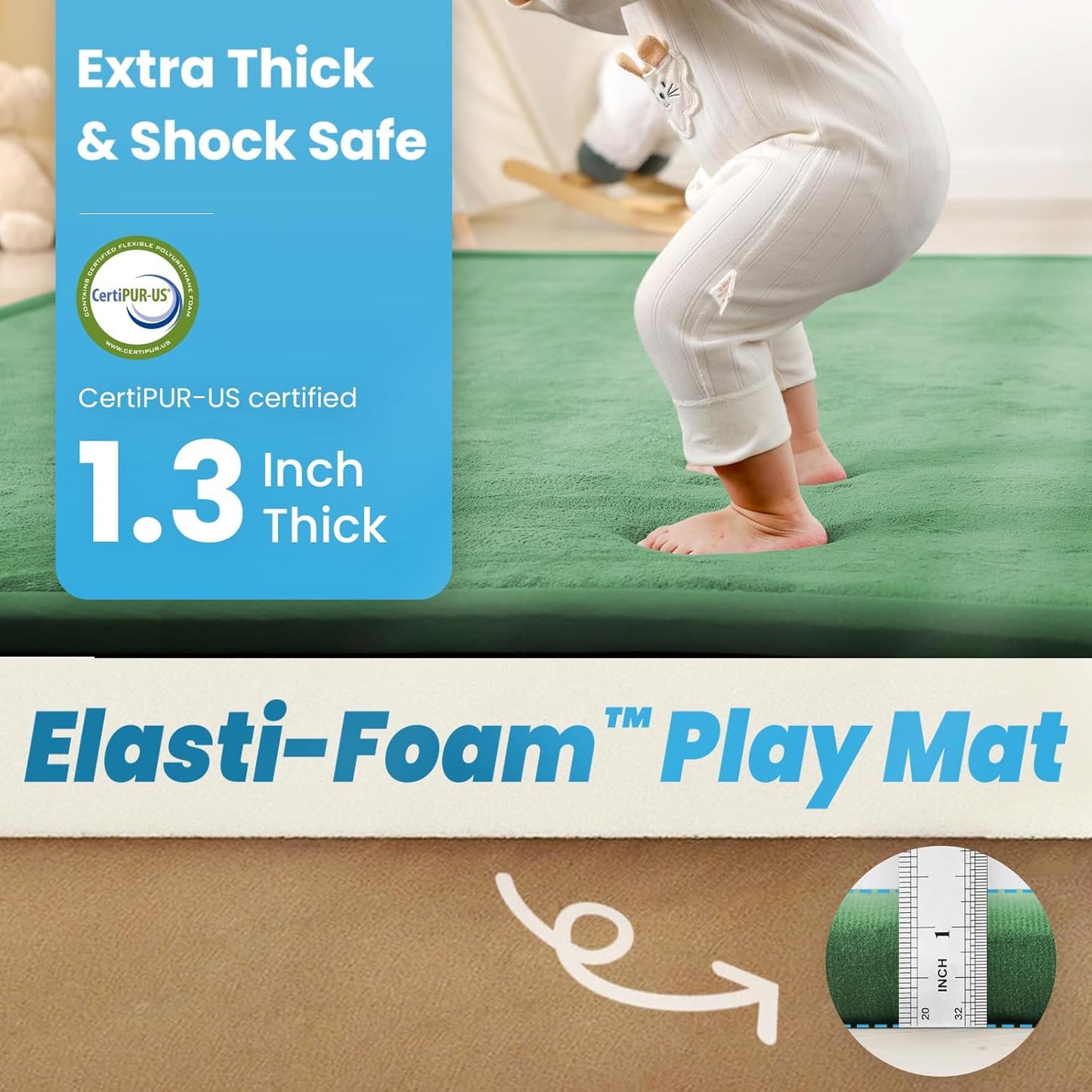 Ultra Soft Baby Play Mat,79"×118" Extra Large Activity Tummy Time Mat for Toddlers,Infants,Kids,1.3" Thick Elasti-Foam Nursery Rug for Floor,Non-Slip Safe for Crawling,Water-Repellent(Emerald)