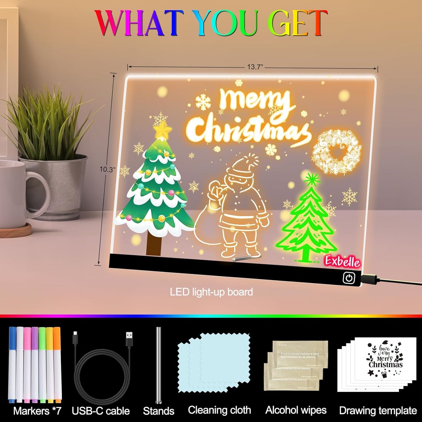 14“ LED Drawing Board 7 Colors Light Acrylic Dry Erase Lumiboard for Kids with Stand 2 Modes as Night Light for Room/Store/Office Ideal Gift for Festival Decoration 7 Markers