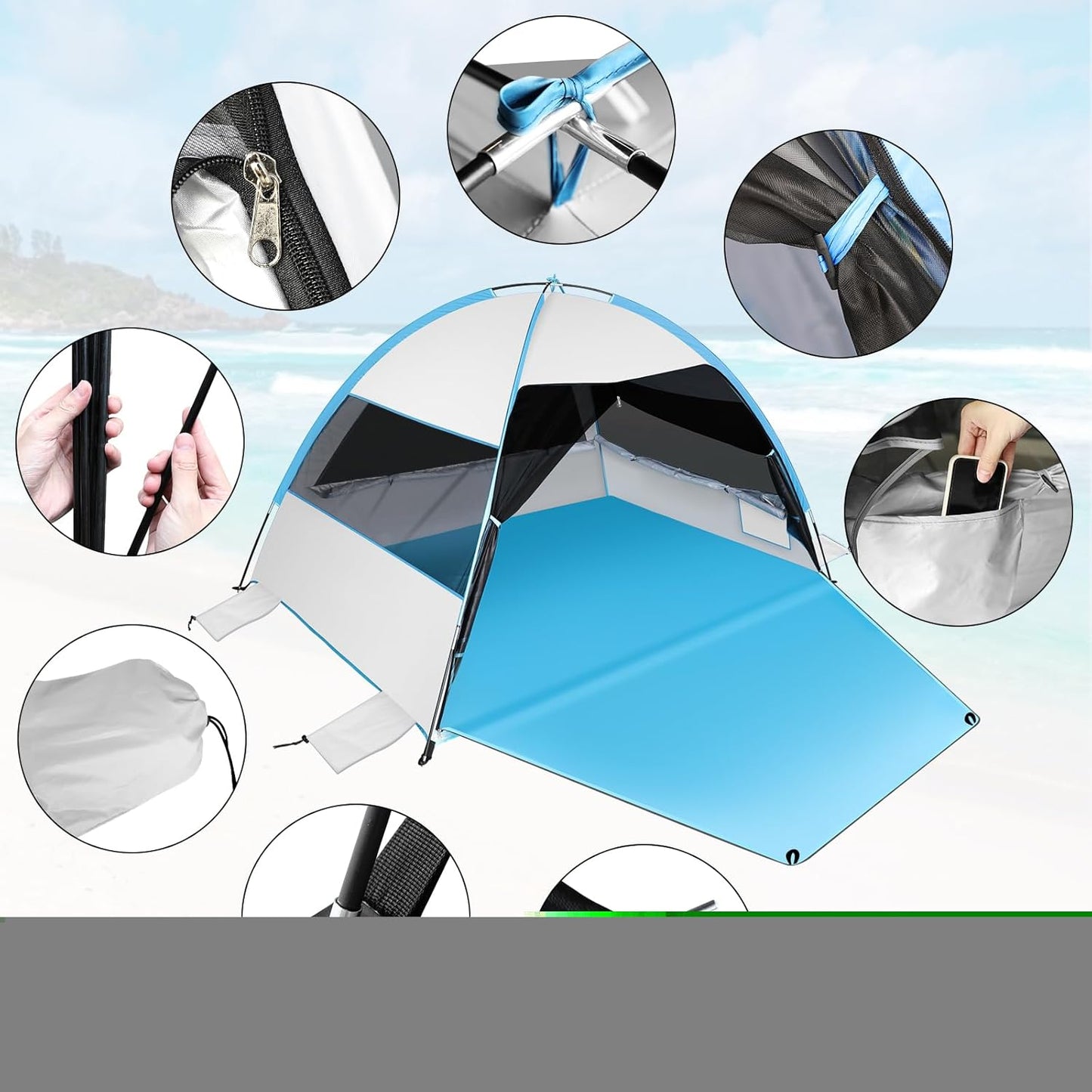 Large Easy Setup Beach Tent,Anti-UV Beach Shade Beach Canopy Tent Sun Shade with Extended Floor & 3 Mesh Roll Up Windows Fits 3-4 Person,Portable Shade Tent for Outdoor Camping Fishing