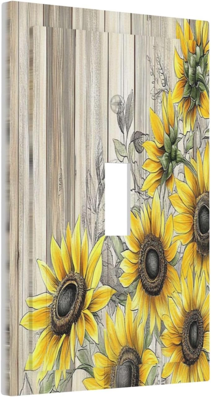 Decorative Light Switch Cover Floral Sunflower Rustic Flower Vintage Wood 1 Gang Single Toggle Device Electrical Faceplate Switchplates Decorator Outlet Wall Plate For Farmhouse Cabin