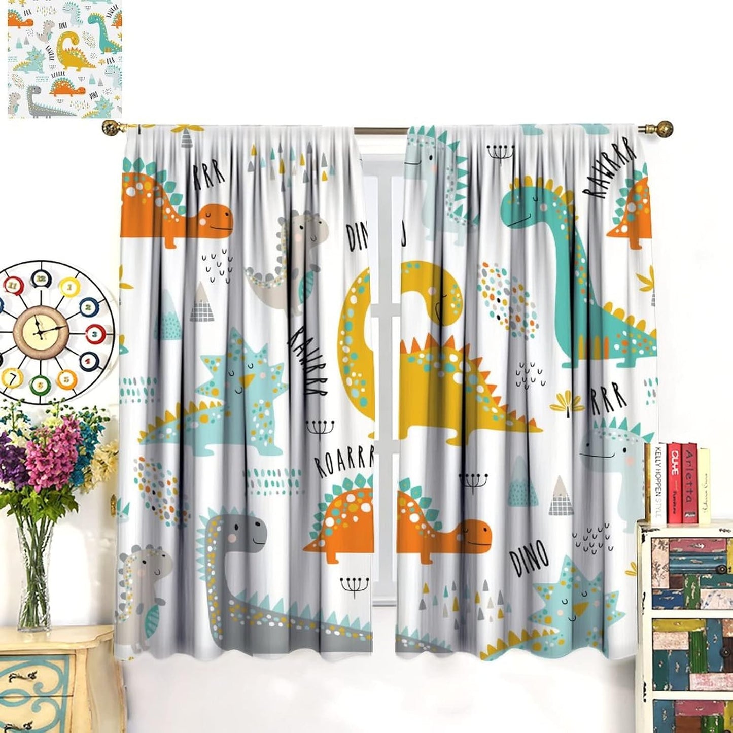 Dinosaur Curtains for Kids Boys Girls Home Decor Childish Cute Dino Animals Print Pattern Rod Pocket Blackout Window Drapes for Nursery Baby Bedroom Playroom W31.5xL63in 2 Panels