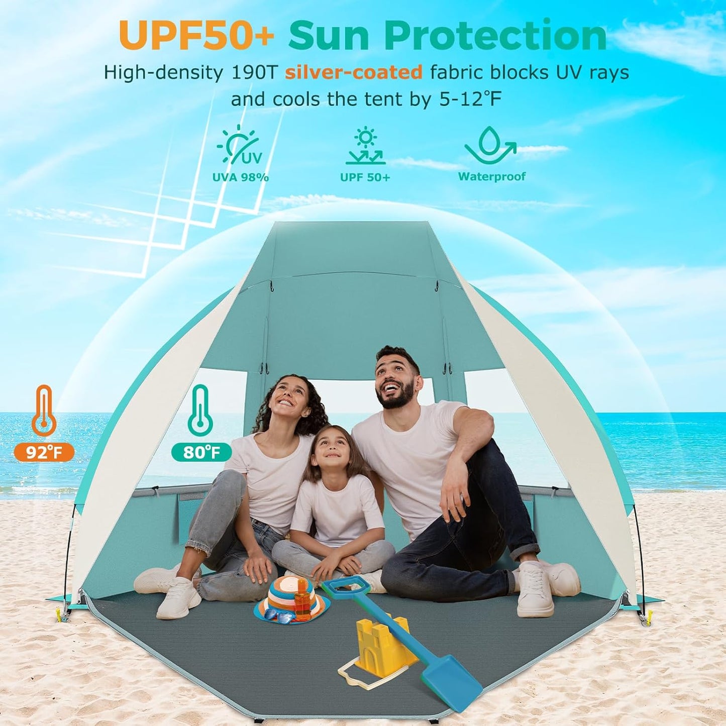 Gorich Portable Beach Tent for 3/4-5/6-7 Person with UPF 50+ UV Protection, Lightweight & Foldable Sun Shelter with 5 Sand Bags, Easy Setup Windproof Beach Umbrella Sun Shade