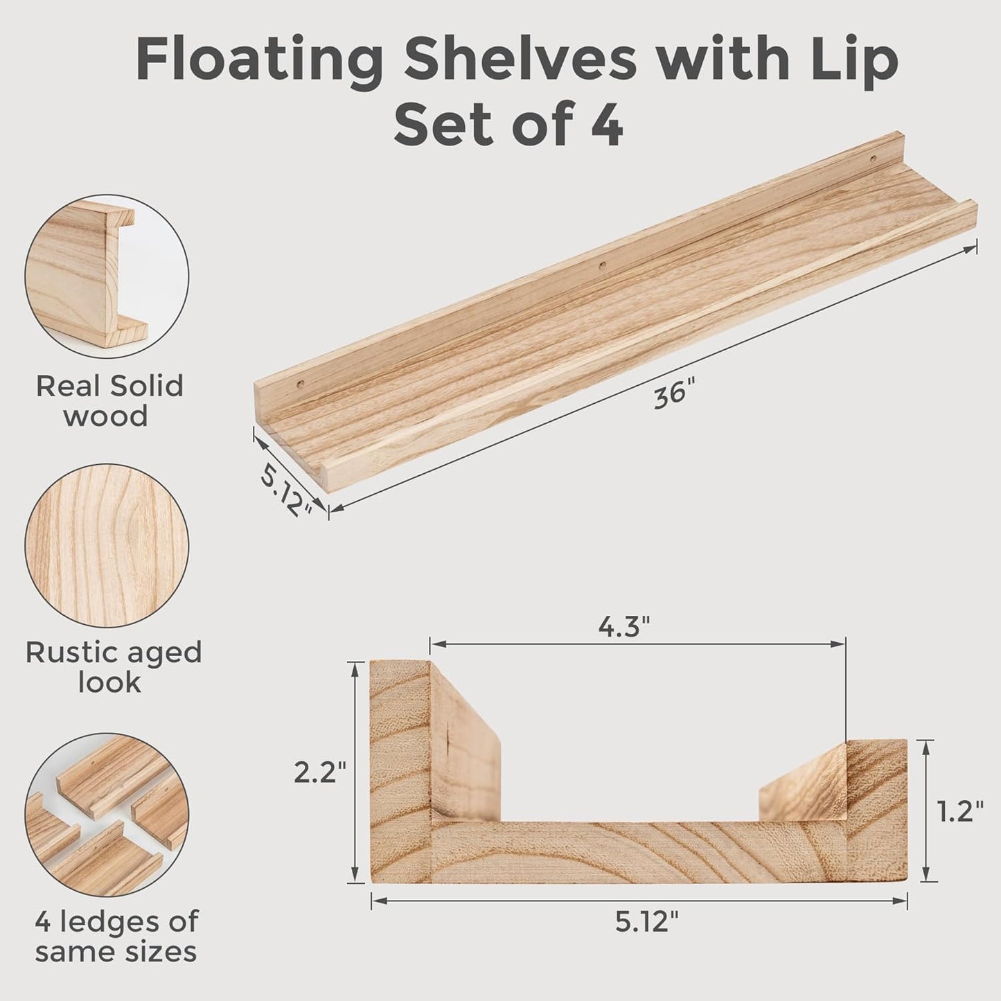 Fun Memories Rustic Wooden Picture Shelves for Wall with Ledge, 36 Inch Floating Shelves with Lip Set of 4, Kids Nursery Book Shelf Photo Shelf, Wall Mounted Display Shelves for Bedroom, Living Room